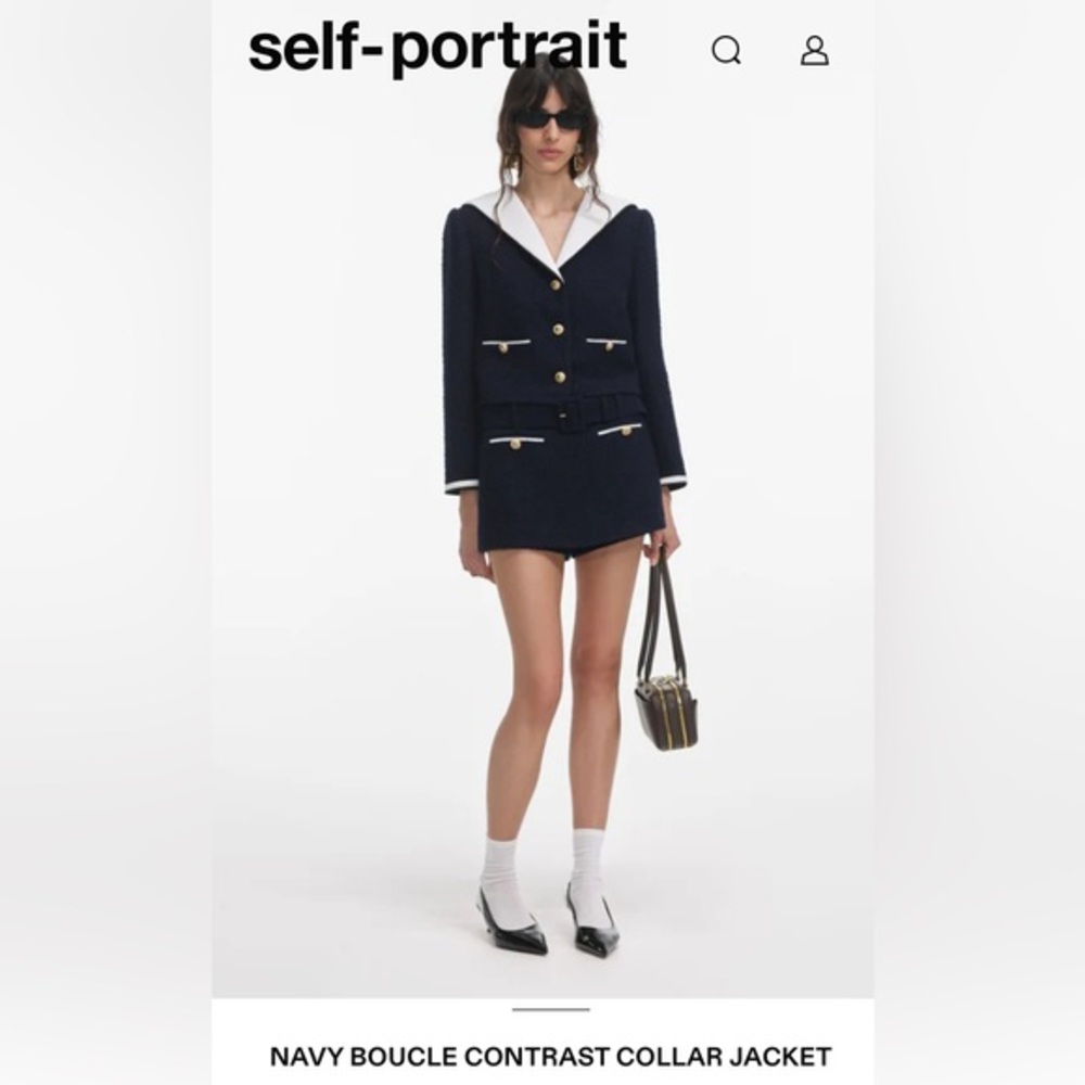 New Self-Portrait Navy and White Tweed Blazer Short Set
